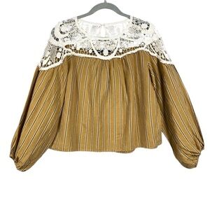 Zara Woman Crochet Striped Cotton Long Sleeve Blouse Size S
